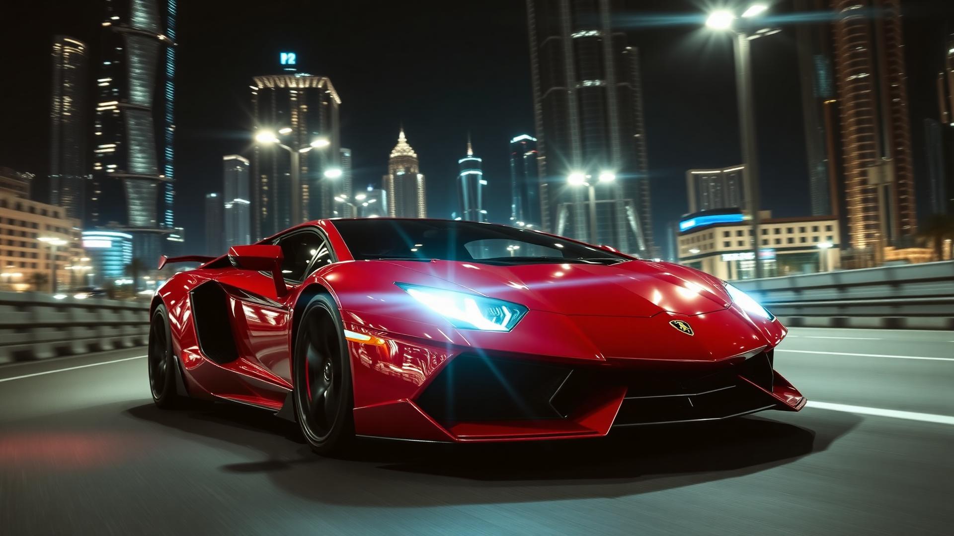 Lamborghini speeding through Dubai at night